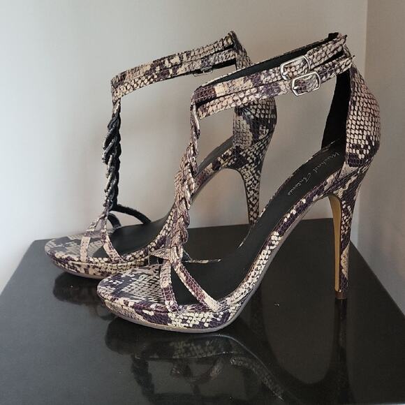 Michael Antonio Brown and Cream Snakeskin 5" High Heeled Sandals Size 8.5 - Picture 4 of 15
